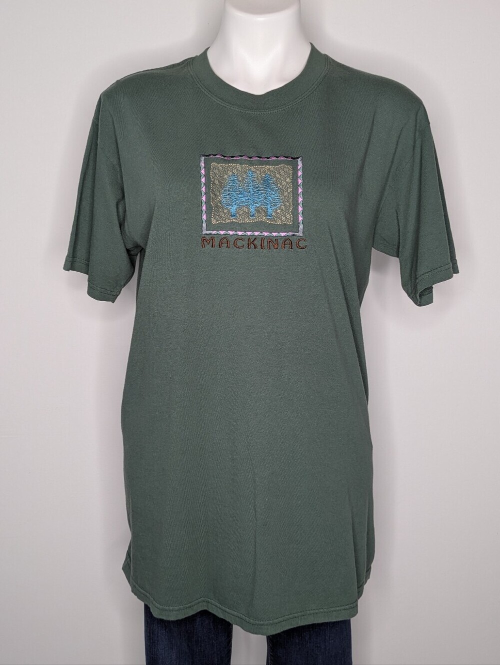 Vintage Mackinac Mi Green Blue Tree Forest Embroidered Short Sleeve T-shirt M